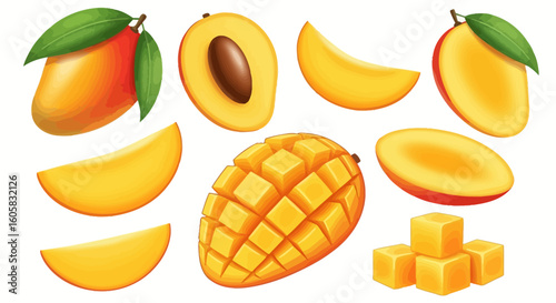 Illustration of various mango cuts: whole, sliced, diced, and halved, with leaves, showcasing the fruit's vibrant yellow and orange colors.