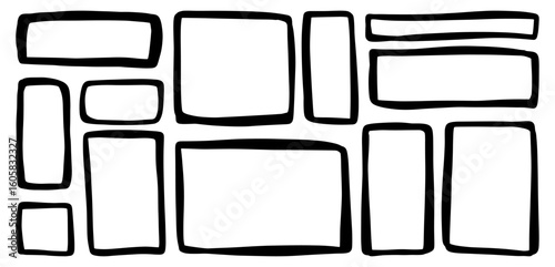 Arrangement of various blank rectangles and squares with thick borders.