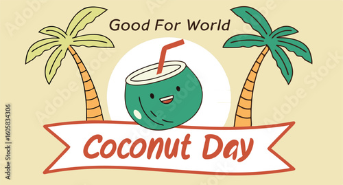 Tropical coconut celebration graphic with global impact theme