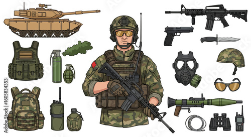 Illustration of a soldier in camouflage uniform holding a rifle, surrounded by military equipment including a tank, weapons, and tactical gear.