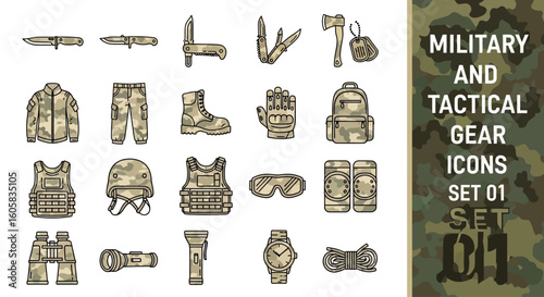 Collection of military and tactical gear icons including knives, tools, axe, clothing, boots, gloves, backpack, helmet, vest, goggles, and binoculars.