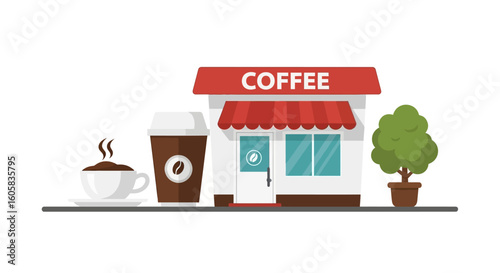 Charming Coffee Shop Illustration with Cup, Takeaway Mug and Potted Plant on a White Backdrop