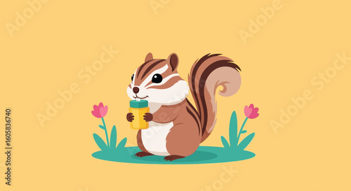 Delightful Chipmunk Illustration with Honey Jar Amidst Floral Charm and Whimsical Landscape on Neutral Backdrop