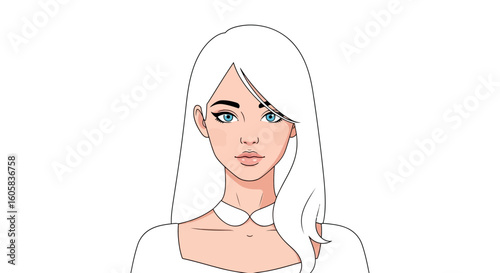 Stylish portrait of a young woman with white hair, showcasing refined features and clean artistic lines, expressing modern elegance
