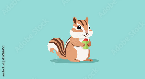 Charming chipmunk character with a cute striped tail cheerfully holding a delicious berry treasure on a soft azure backdrop creates a whimsical
