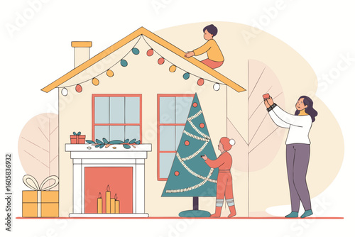 Family decorating house and christmas tree for holidays