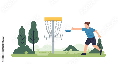 Disc golf throw toward basket in tranquil nature setting vector illustration