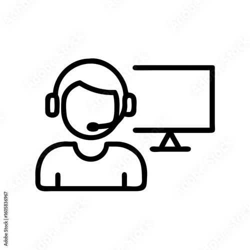 A line art depiction of a customer service representative with a headset next to a computer monitor. Representing support and communication. 