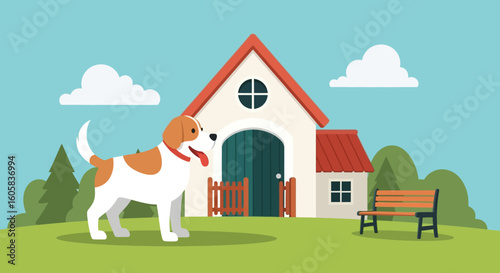 Animated depiction of a cute dog in front of its house surrounded by nature on a sunny day