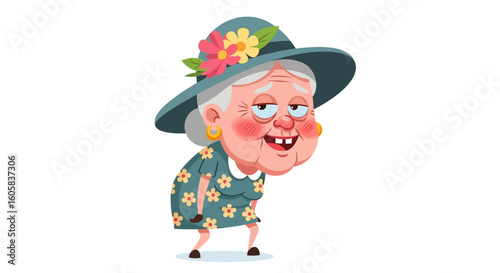 Whimsical illustration of an elderly woman in a floral hat and dress conveying lightheartedness and charm that capture a sense of aged gracefulness