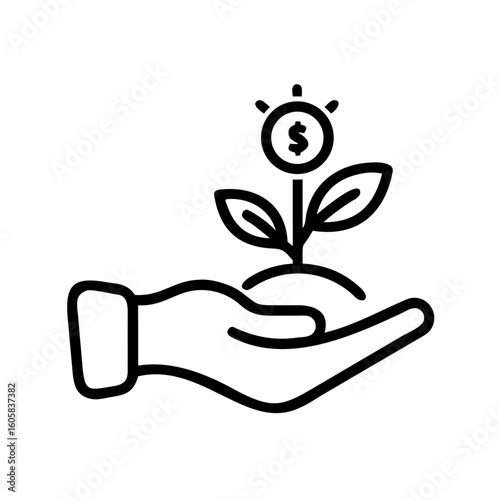 An illustrative depiction of a hand cradling a growing plant with a dollar sign, symbolizing financial growth, investment, and prosperity.