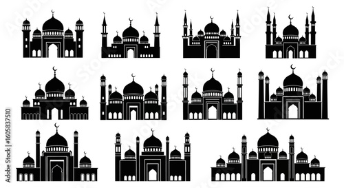 A collection of vector silhouettes depicting various mosque designs with domes, minarets, and arched entrances against a white background.