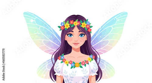 Enchanting floral fairy illustration featuring delicate wings and a vibrant flower crown highlighting innocence and fantasy realms