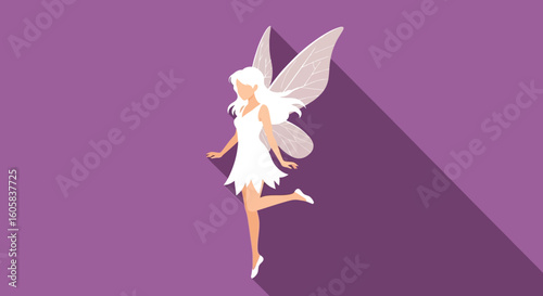 Whimsical fairy floating on a vibrant violet backdrop casting an enchanting long shadow perfect for fantasy illustrations and fairytale themes
