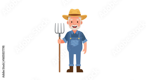 Cartoon depiction of an elderly farmer in overalls with pitchfork on a white background