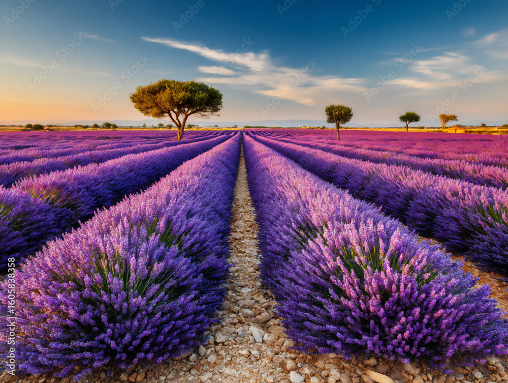 Obraz premium vast expanse of lavender fields in full bloom under a sunny sky