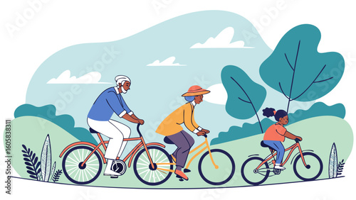 Multi generational family enjoying a bike ride together outdoors