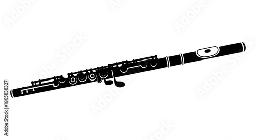 Elegant monochrome artwork showcasing the silhouette of a transverse flute on a pristine background