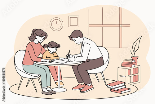 Family studying together at a table with father helping daughter