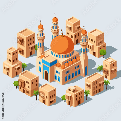 Isometric illustration of a mosque with minarets surrounded by traditional Middle Eastern buildings and palm trees.