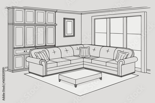 Modern sectional sofa with built in cabinets and large windows