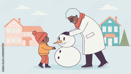 Grandparent and grandchild building a snowman together in winter