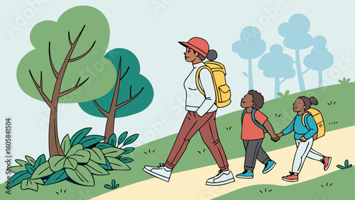 Family hiking together on a nature trail