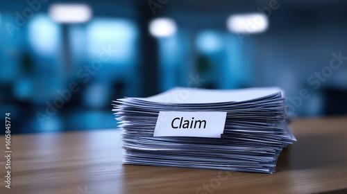 Stacked claims on wooden desk in an office during late afternoon light
