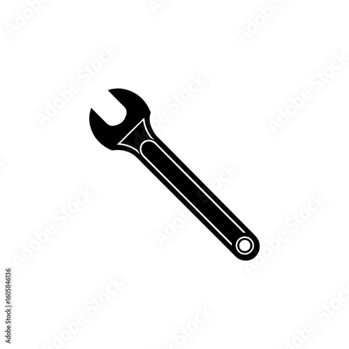 A vector illustration of a wrench with a minimalist style and sharp lines. Suitable for logos for technicians, spare parts, or industrial equipment services.