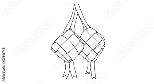 Intricate Ketupat Duo: A Detailed Black and White Line Art Illustration for Cultural Celebrations