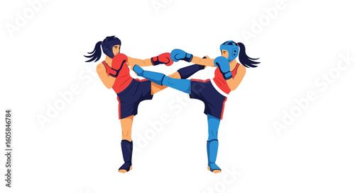 Dynamic martial arts duel: Two female fighters in a striking combat exchange with vibrant gear and energy