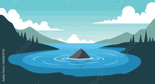 Serene lake scene with island, surrounded by mountains and clouds, creating a peaceful and scenic panorama, ideal for relaxation and contemplation