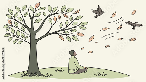 Flat vector illustration of mindfulness practice with meditation, nature therapy, mental clarity, self-awareness, and calm atmosphere.