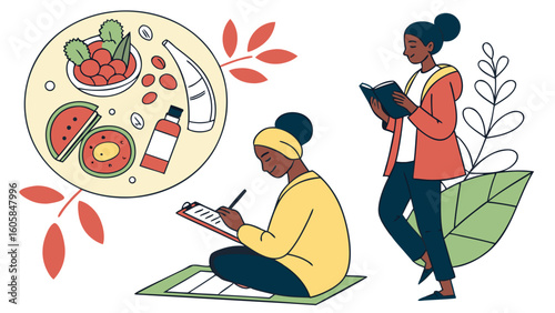 Self-care activities vector set featuring meditation, journaling, skincare, healthy eating, and personal growth elements




