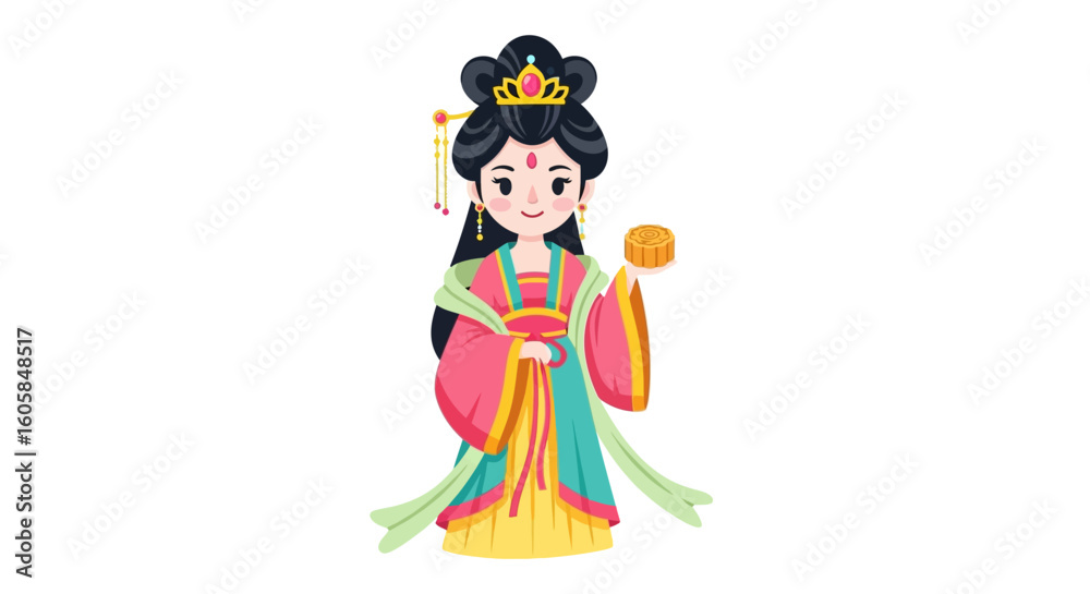 Naklejka premium Delightful cartoon character of a graceful princess holding traditional mooncake for mid-autumn festival celebrations