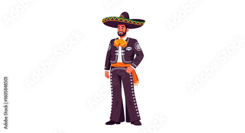 Illustrative character in mariachi attire against a stark backdrop offering a glimpse into traditional Mexican music and vibrant cultural