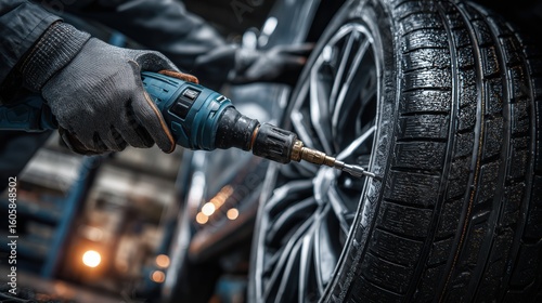 Closeup Of Gloved Hands Using Power Drill On A Wet Black Tire And Alloy Wheel In A Dark Automotive Repair Shop