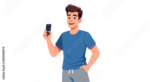 Smiling young man taking a selfie with his smartphone in casual attire on a plain background offering a clean and contemporary aesthetic