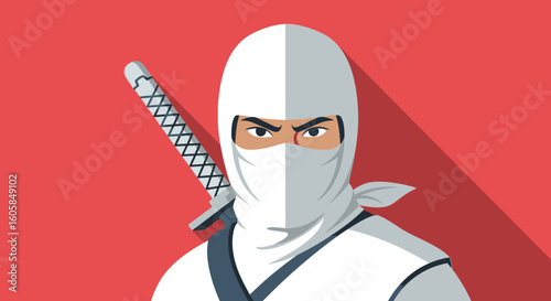 White Ninja Warrior Illustration with Katana Sword and Red Background Depicting Stealth and Martial Prowess with Flat Design Aesthetics