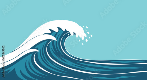 Stylized ocean wave with white crests and deep blue body against a light blue sky backdrop