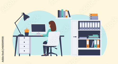 Illustration of a professional woman working at her desk in an organised office atmosphere depicting office work habits and productivity in a clean