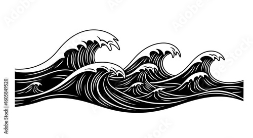 Monochromatic sea waves illustration exhibiting aquatic ocean dynamics and graphical wave depictions and abstract artistic representation of