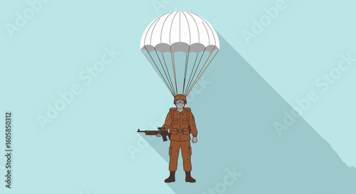 Minimalist illustration of a paratrooper descending with a parachute and a rifle against a light blue background