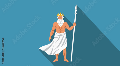Majestic rendition of a regal Poseidon-like figure standing tall with symbolic trident and flowing attire against a calming aquamarine backdrop