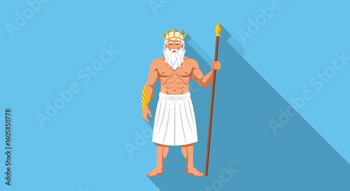 Neptune's majestic stance embodying strength power, and commanding presence against a calming, expansive blue background