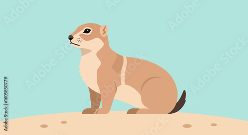 Stylized prairie dog sits alert on sandy ground against a serene turquoise background, showcasing simplicity and a touch of charming design for