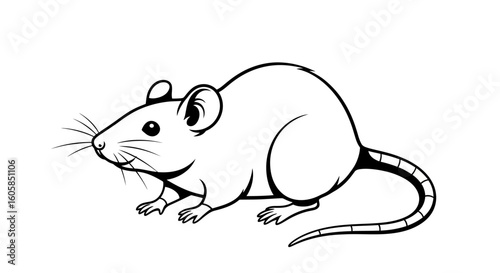 Stylized Illustration of a White and Black Outlined Rat with Detailed Features Isolated on White Background