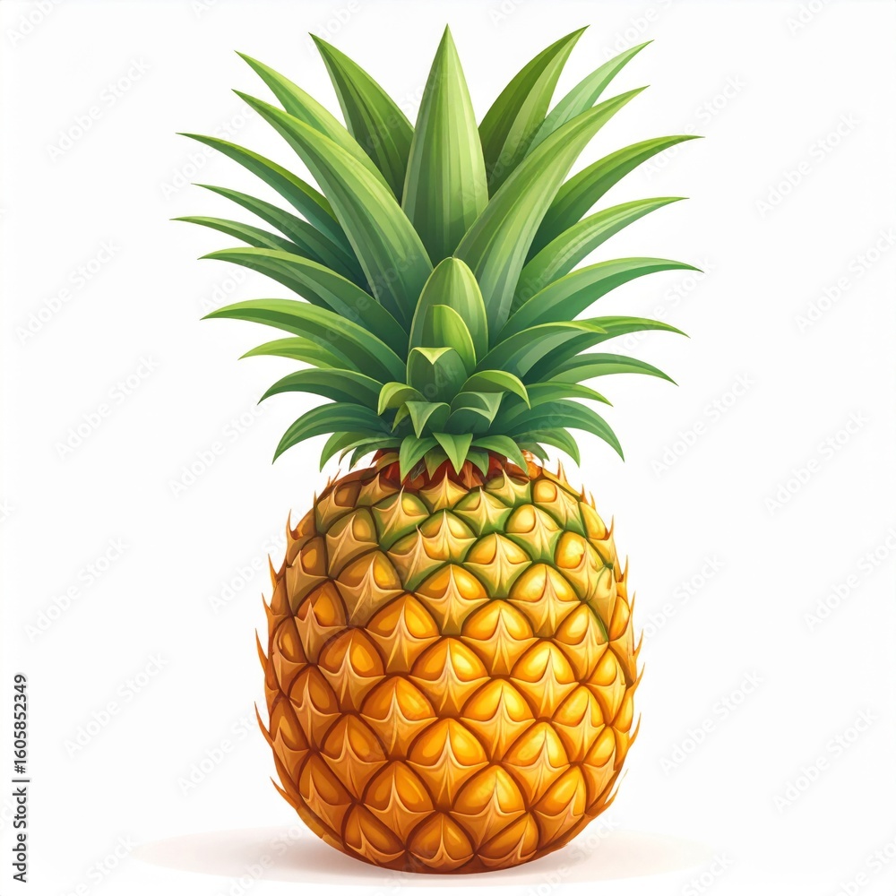 Fototapeta premium Isolated Pineapple with Spiky Outer Skin and Crown of Pointed Green Leaves on White Background