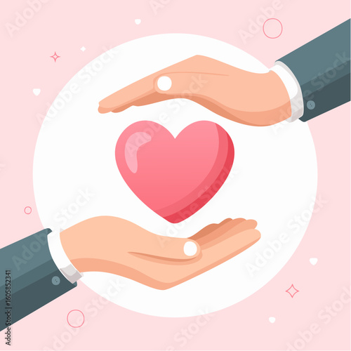 Vector illustration of two hands holding a heart, symbolizing love and unity, with minimalistic soft pink background