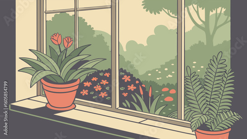 Cozy window scene with potted plants on the sill, offering a serene view of a lush garden landscape. Home interior with nature.